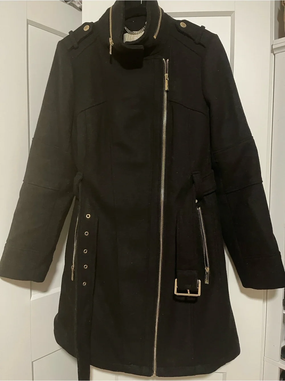 Michael Kors Black Belted Trench Coat with Gold Hardware
